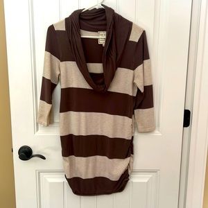 Scoop neck brown and tan striped sweater with 3/4 sleeves